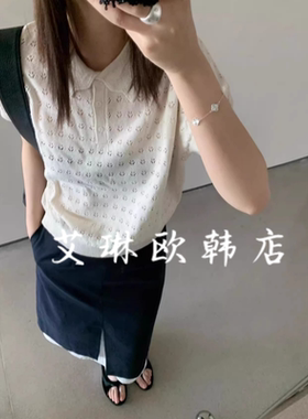 福利卡蔓诗韩标25360秋款韩系翻领镂空钩花美丽奴羊毛针织衫