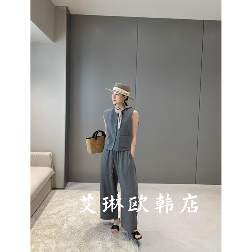 10875马甲外套阔腿裤亚麻套装