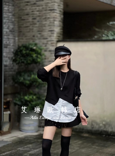 空气棉卫衣 欧货设计感假两件拼接竖条纹长袖 福利不退6513秋季 新款