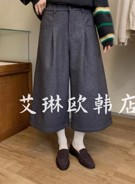 福利miluroom米鹿25329冬款后松紧腰羊毛呢加绒阔腿裤休闲裤女