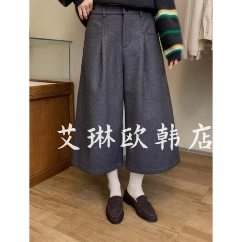 25329后松紧腰加绒羊毛呢阔腿裤