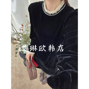 onetwo09374 韩系冬款甜美风钉珠气质木耳边蕾丝拼接丝绒长袖衬衫