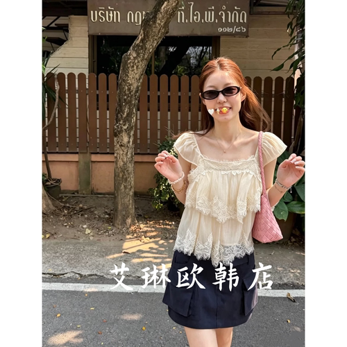 26079蕾丝拼接绑带无袖衬衫