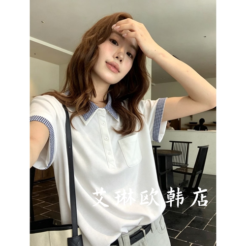 66017可拆卸格子翻领短袖T恤
