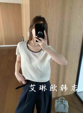 福利不退卡蔓韩标25375夏款撞色短袖薄款美丽奴羊毛针织衫上衣