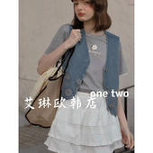 3.4 韩国V领镂空花朵刺绣系带牛仔马甲短外套女 onetwo15017春款