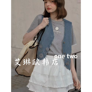 3.4 韩国V领镂空花朵刺绣系带牛仔马甲短外套女 onetwo15017春款