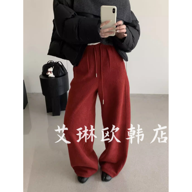 MM336松紧腰直筒束脚毛呢卫裤女