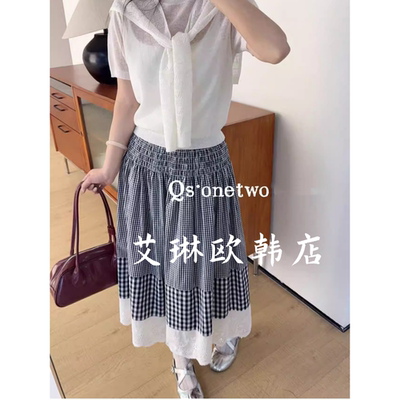 66026松紧腰蕾丝拼接格子半身裙