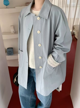 29953~春季新款气质英伦风镂空拼接花边翻袖风衣外套女