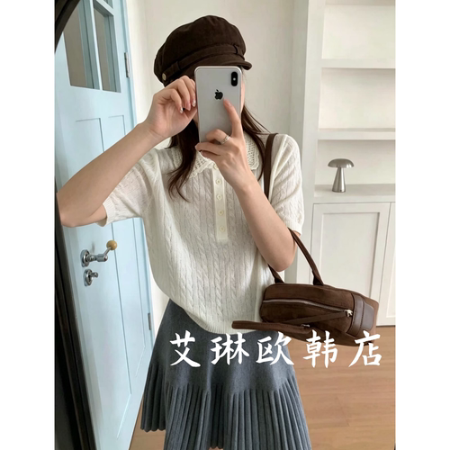 2934欧货POLO领麻花短袖针织衫
