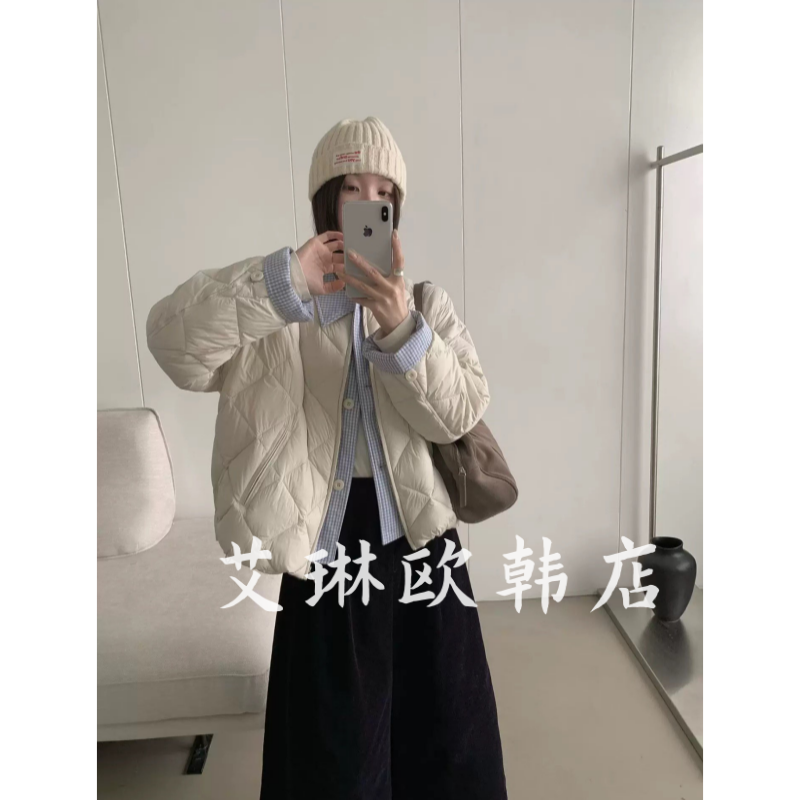 2562格子衬衫拼接90白鸭绒羽绒服