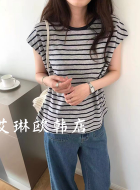 sicily miluroom米鹿01225夏款韩系拼色休闲圆领条纹短袖T恤女