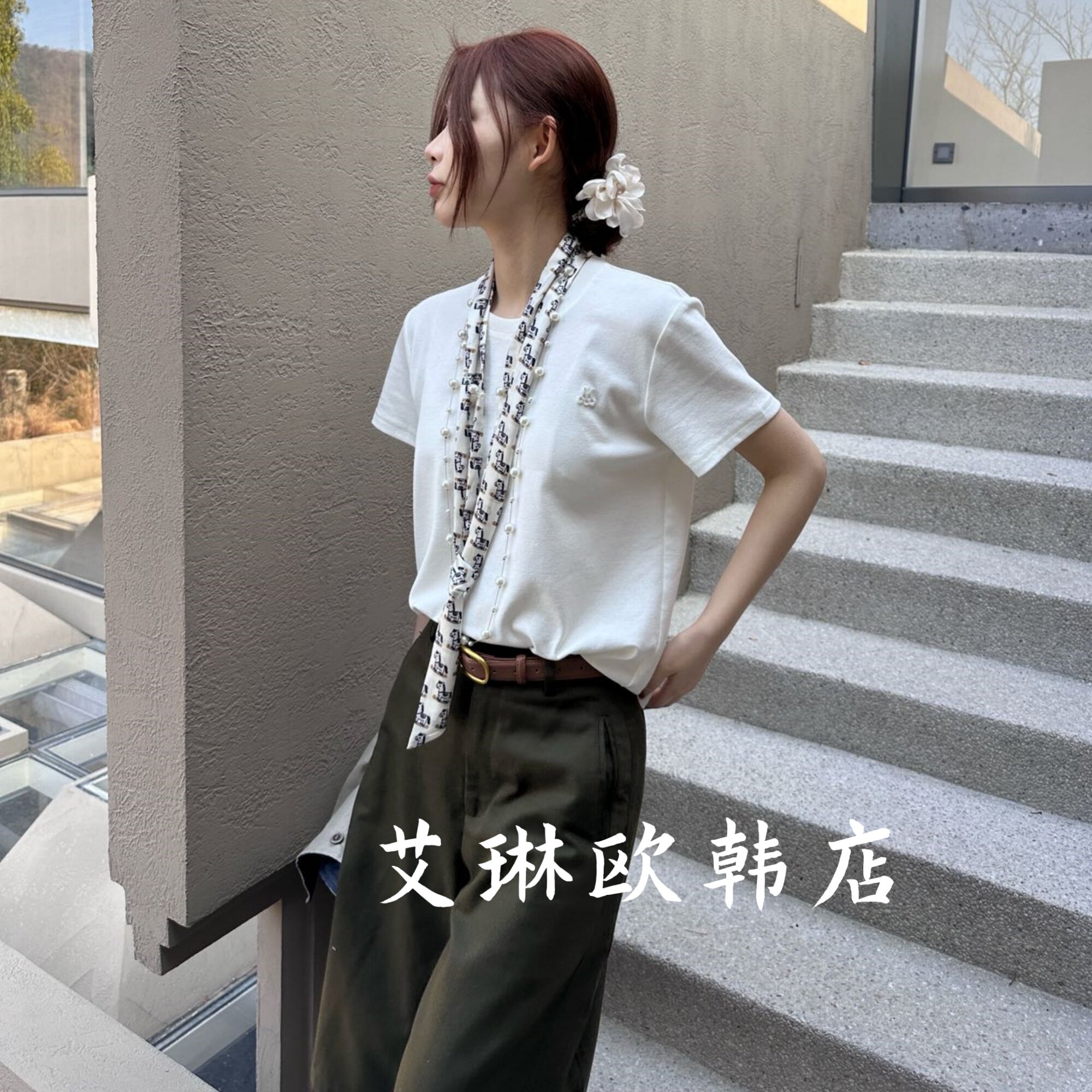 特价卡蔓enxi21305春装新款配丝巾简约休闲百搭圆领刺绣短袖T恤女