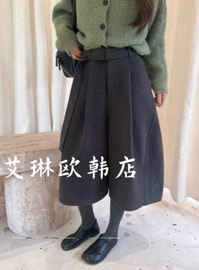 土布鱼7298冬新款韩系腰带加绒毛呢花苞休闲裤女百搭七分气球裤女