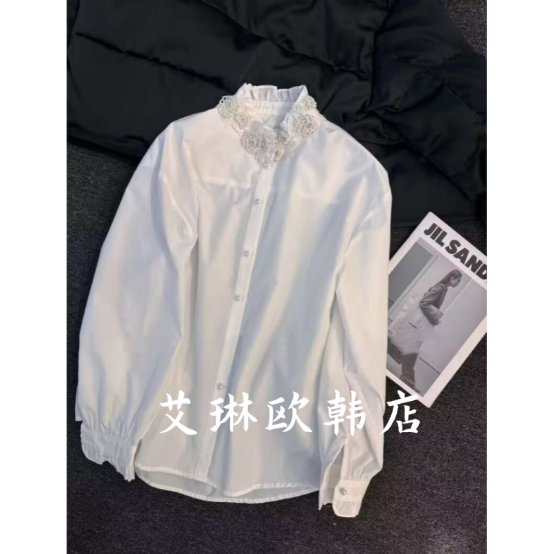 8063木耳边立领串珠花内搭衬衫