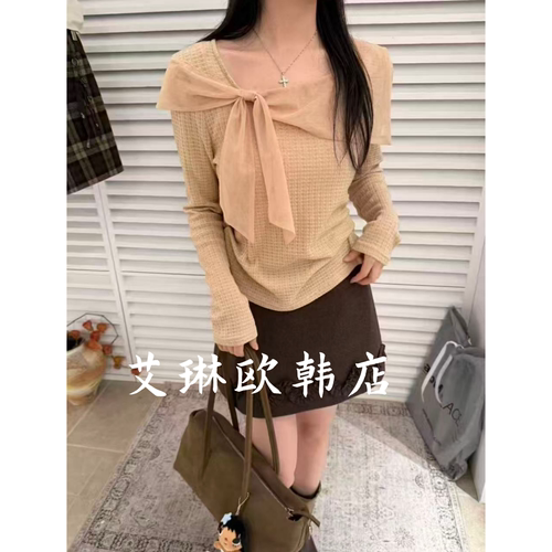 26162蝴蝶结网纱拼接针织衫女