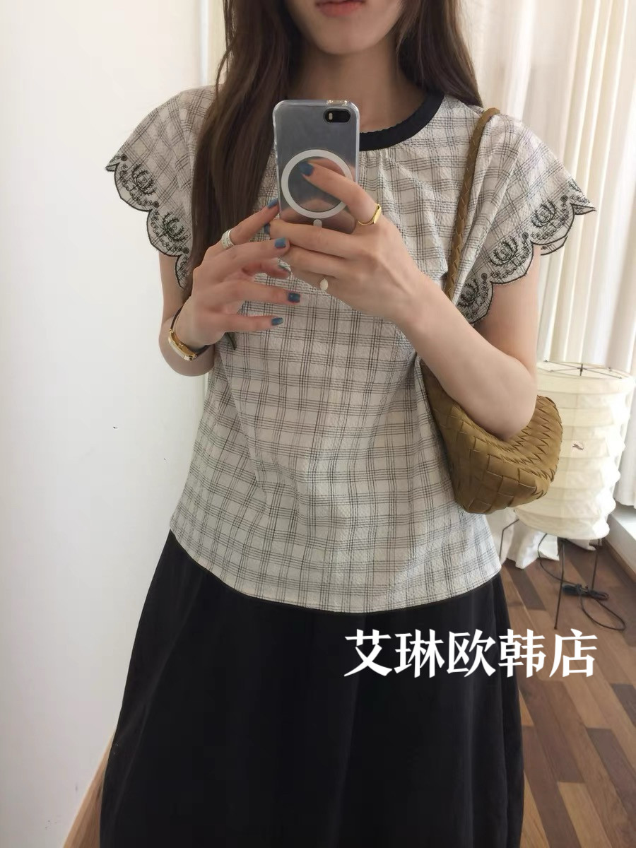 miluroom米鹿ouur夏装50205韩系格子蕾丝刺绣100%棉小飞袖衬衫 - 实物图
