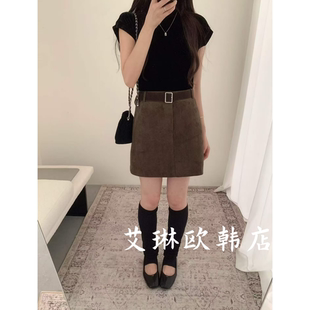 土布鱼8192秋季新款配腰带显瘦百搭麂皮绒半身裙防走光短裙女