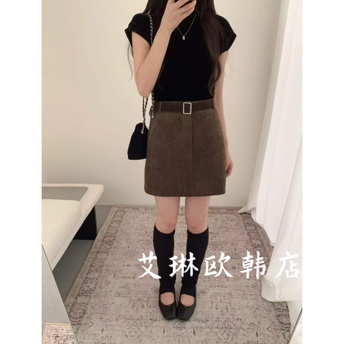 8192配腰带麂皮绒半身裙短裙女