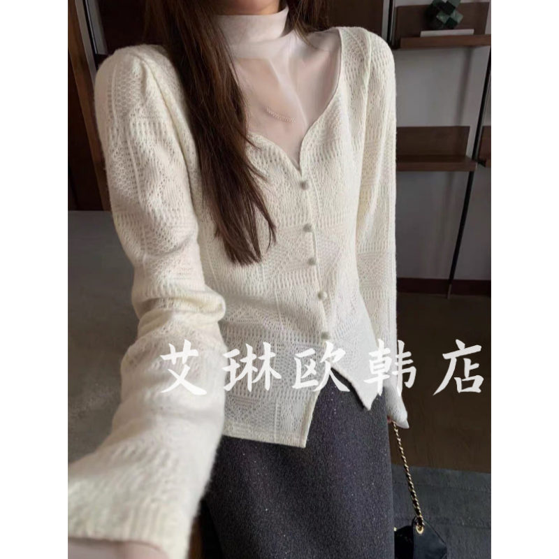 89778网纱拼接半高领磨毛蕾丝衫