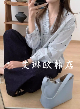 2.27~onetwo15358春款韩系木耳边V领小花刺绣条纹全棉长袖衬衫女