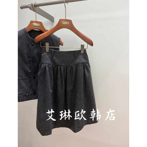 20033简约休闲压褶羊毛半身裙