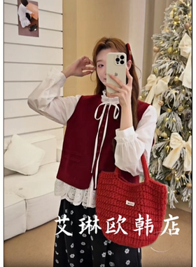 X.XIU新袖89806冬款韩系木耳边蝴蝶结镂空衬衫毛呢背心两件套女