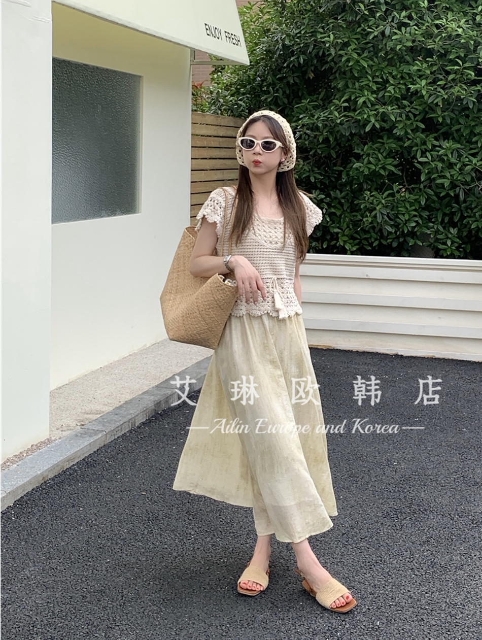 秒杀不退824192新款度假风镂空蕾丝罩衫扎染吊带连衣裙两件套女