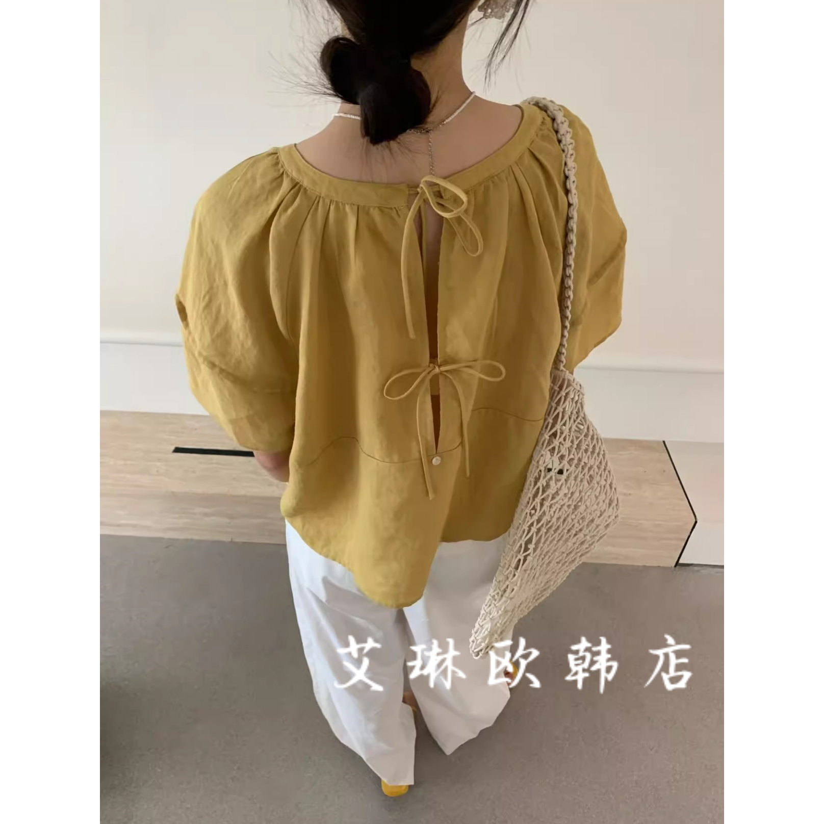 秒杀不退卡蔓enxi20238夏款韩系圆领后背系带蝴蝶结短袖衬衫上衣