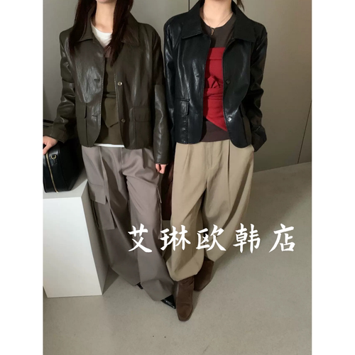 22238韩系翻领PU皮衣外套女