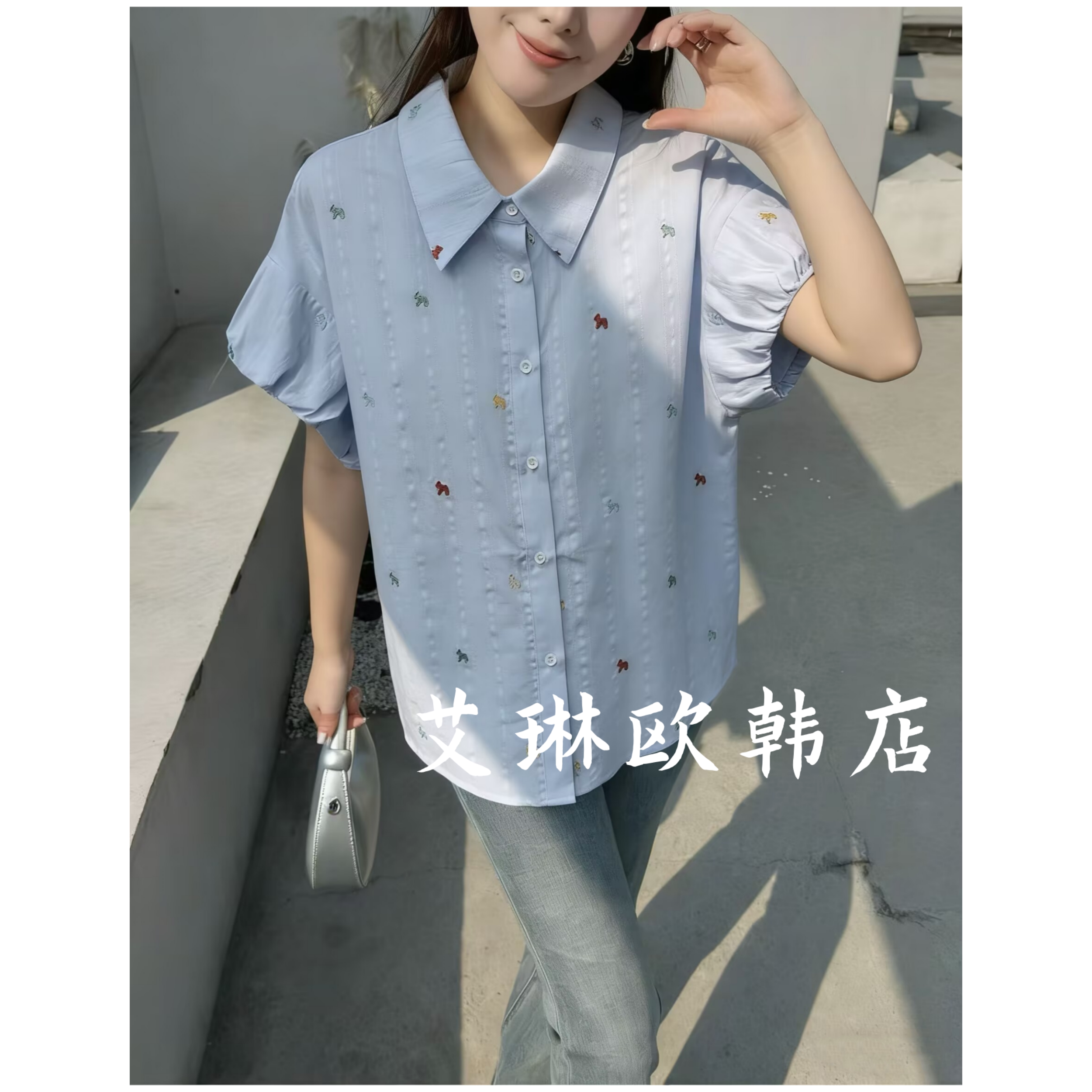 3.22~K56080夏装款翻领灯笼袖短袖单排扣刺绣彩色小马条纹衬衫女