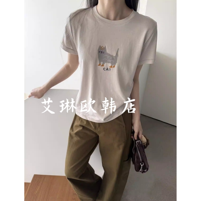 enxi21308春款圆领小猫短袖T恤女