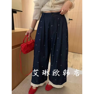 福利miluroom sicily米鹿25198下摆拼接蕾丝花边刺绣阔腿牛仔裤女