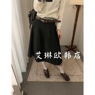 9roove九禾33988秋款韩系简约显瘦百搭配腰带毛呢百褶半身裙女
