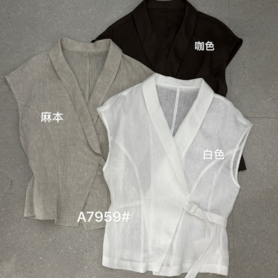 7959翻领收腰系带亚麻无袖衬衫