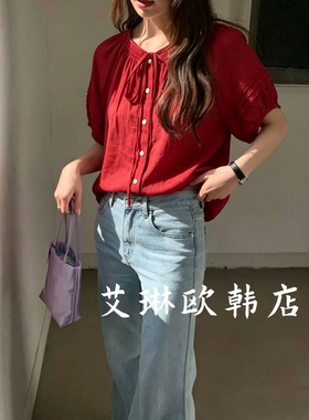 66230韩系压褶系带苎麻短袖衬衫