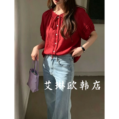66230韩系压褶系带苎麻短袖衬衫