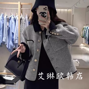 福利1003冬季新款金属扣小香风拼色100羊毛双面羊绒大衣短外套女