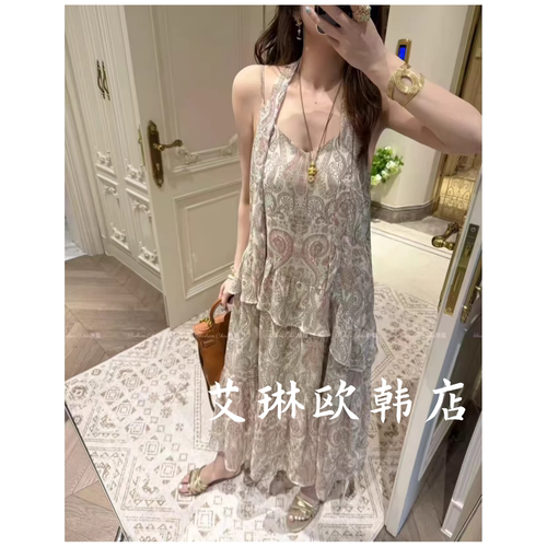 61557配飘带腰果花吊带连衣裙