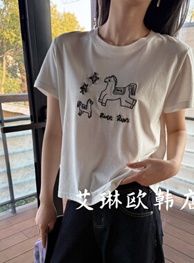 2.26~卡蔓浅之夏QZX11203春装韩系休闲百搭圆领小马刺绣短袖T恤女