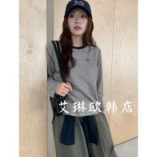 9160休闲小狗刺绣条纹长袖T恤