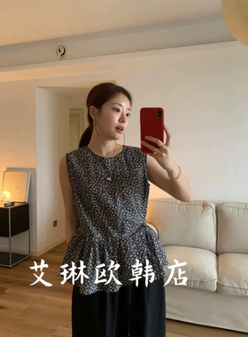 sicily miluroom米鹿80139夏季法式复古碎花系带收腰无袖衬衫女