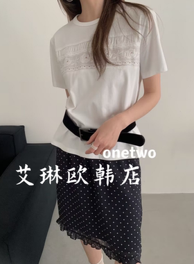 2.27~onetwo15019春款韩系镂空蕾丝刺绣花朵圆领百搭短袖T恤女