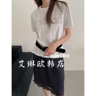 T恤女 韩系镂空蕾丝刺绣花朵圆领百搭短袖 2.27 onetwo15019春款