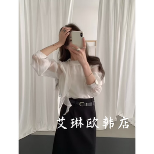 土布鱼8110早秋新款法式温柔风气质蝴蝶结飘带长袖衬衫上衣女