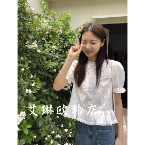 米鹿9109夏款短袖花朵蕾丝衬衫女