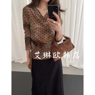 8155复古荡领波点网纱长袖上衣