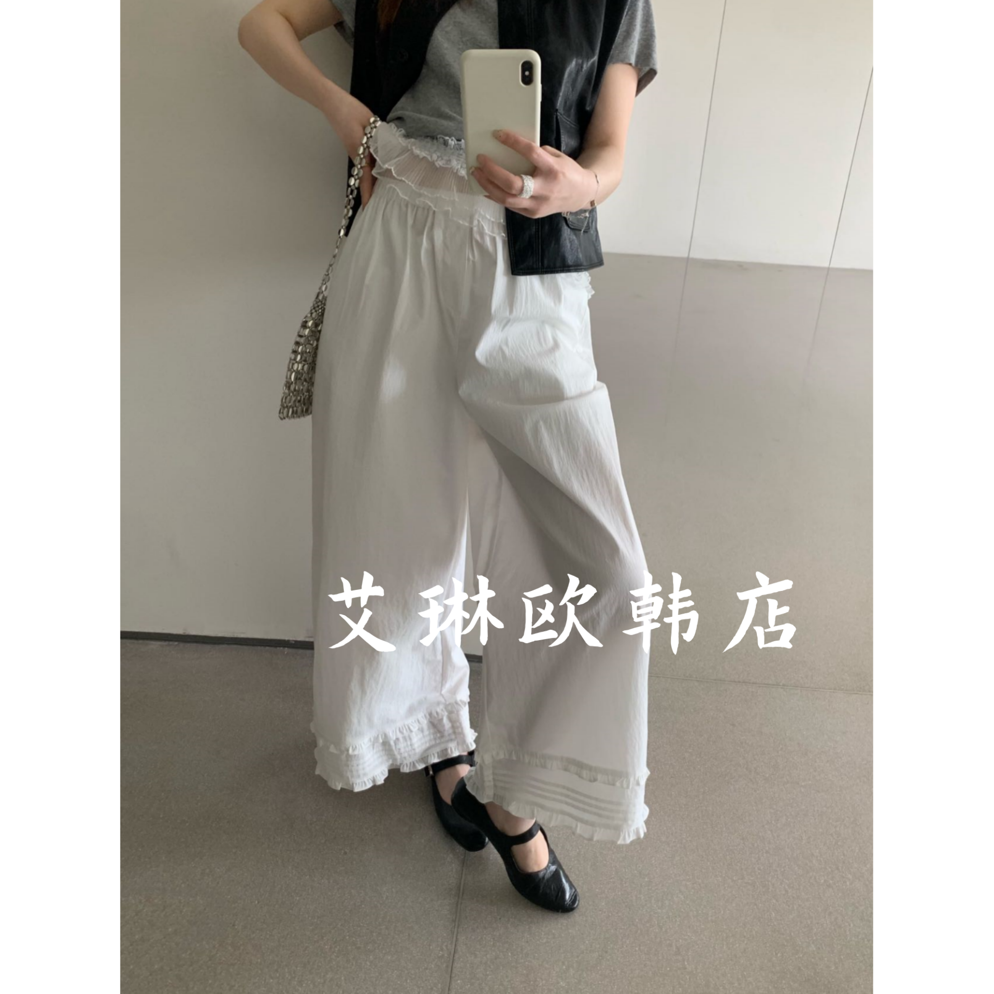 特价卡蔓OQQO MM533夏款韩系松紧腰显瘦薄款木耳边阔腿休闲裤女