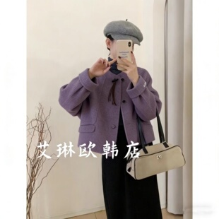 5549春款V领牛角扣流苏双面羊绒短款100澳洲超细羊毛大衣外套女